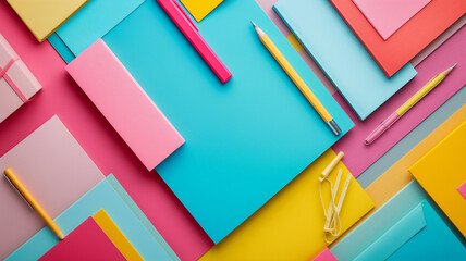 Colorful arrangement of stationery items, including notebooks, pens, and a paperclip, laid out on a vivid multicolored background in shades of pink, blue, and yellow.