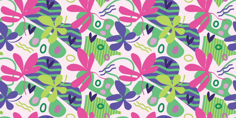 pattern with abstract floral and geometric elements with stripes. Pastel color. Lilac, green, blue, pink. For textiles, wallpaper, wrapping paper.