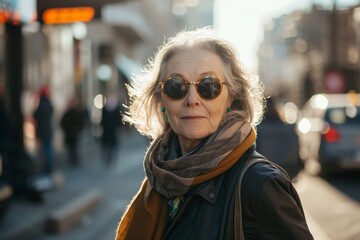 Obraz premium senior caucasian woman in sunglasses in the street of a city, lifestyle candid portrait. Eyewear optics salon banner. 