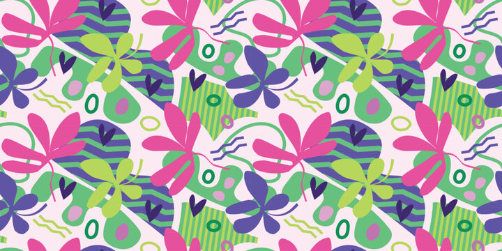 pattern with abstract floral and geometric elements with stripes. Pastel color. Lilac, green, blue, pink. For textiles, wallpaper, wrapping paper.