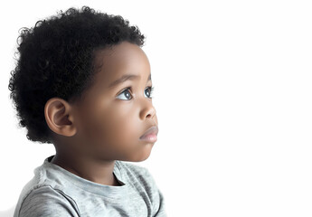 adorable African American boy thinking, isolated on white background with space for text on white background