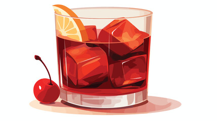 Glass of Manhattan cocktail with cherry and ice on