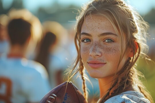 Close-up portrait of a young female athlete holding a football, with a sunset backdrop