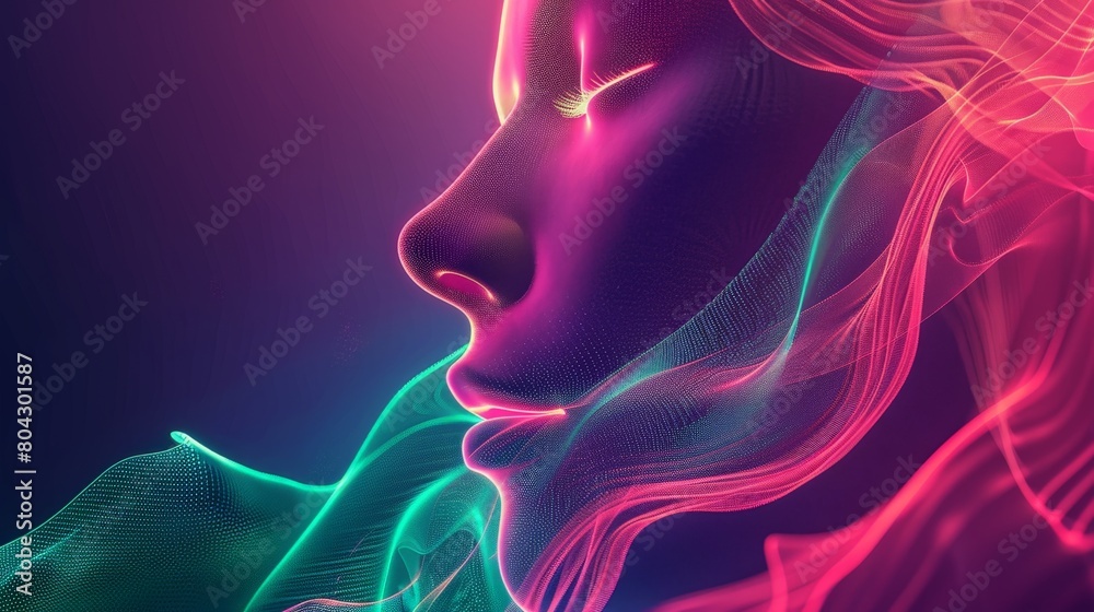 Poster close-up of a womans face depicted in vibrant neon colors, creating a bold and striking visual impac