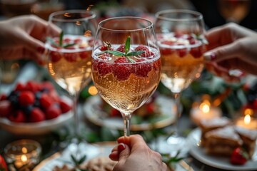 Hands toast with champagne glasses adorned with strawberries at a festive gathering, evoking celebration and luxury