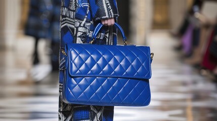 a quilted leather handbag in royal blue, making a statement against the backdrop of a lively fashion week runway.