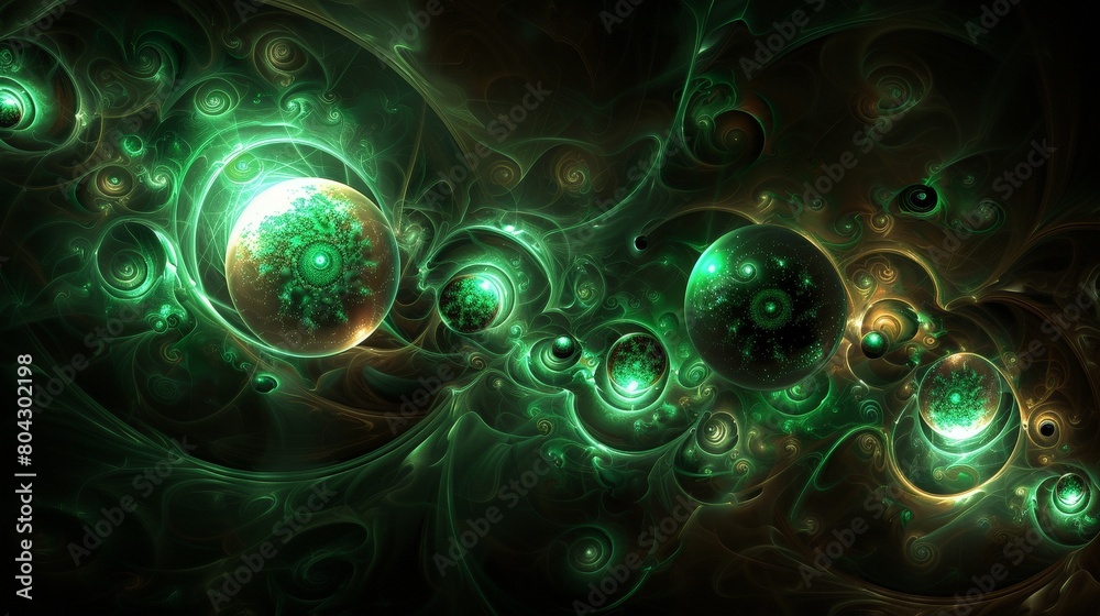 Poster A green fractal background filled with numerous circles of varying sizes, creating an intricate and geometric pattern