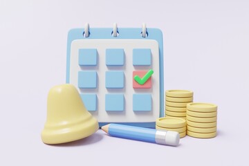 3D rendered illustration of payment and notification concept with calendar with coins and check mark with bell and pencil. For business, appointments, taxes, finance, accounting