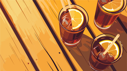 Glasses of cold kvass on wooden background 2d flat