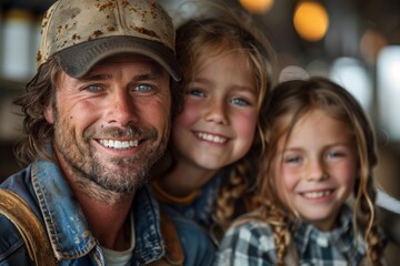 Fototapeta premium Happy man with a warm smile pictured with two twin girls in matching denim outfits