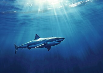 Majestic Great White Shark Swimming Serenely in Sunlit Blue Ocean Depths