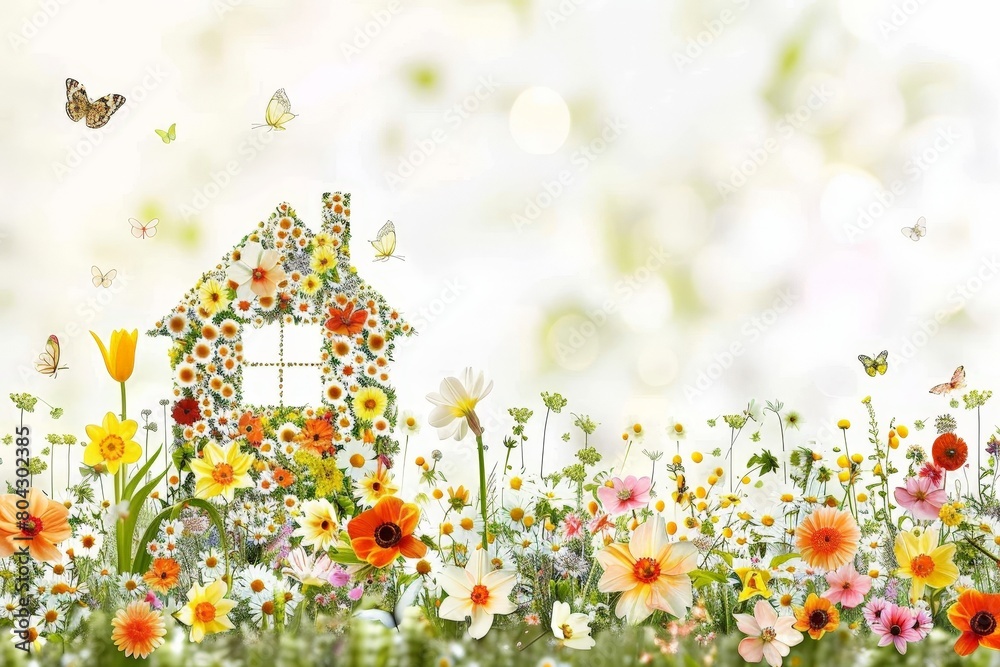 Poster House Surrounded by Flowers and Butterflies