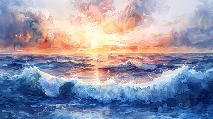 the beauty of the sea, a serene seascape painted delicately in watercolor, showcasing nature's tranquil allure