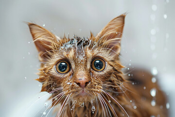 Drenched cat with displeased expression while being bathed. Unhappy wet pet after bathing