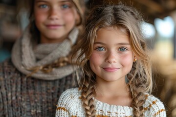 Obraz premium A warm smile from a young girl with freckles in wool attire captures the essence of youth