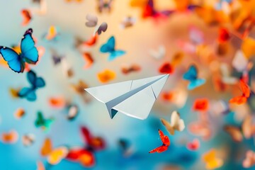 Aerodynamic paper airplane gracefully maneuvering amidst colorful butterflies.