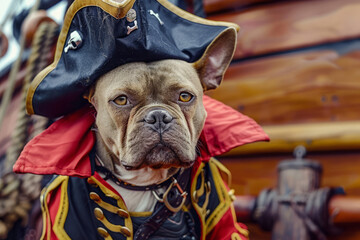 Dog dressed in pirate clothes and captain hat on ship. Sea Robber