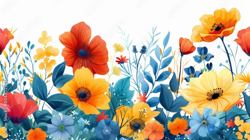 Poster Various vibrant flowers including roses, daisies, and tulips arranged on a clean white background