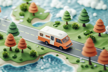Summer road trip illustration. Travelling by car to the sea. Vehicle driving on coastline in beautiful landscape