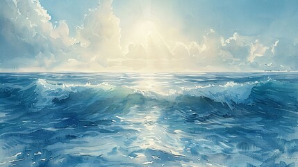 the beauty of the sea, a serene seascape painted delicately in watercolor, showcasing nature's tranquil allure