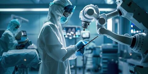 Medical technology, doctor use AI robots for diagnosis, care, and increasing accuracy patient treatment 
