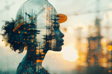Silhouette of engineer in hard hat over urban construction site. Double exposure portrait with female worker in protective helmet against buildings under construction