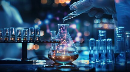 Science and medicine Scientists place the sample in a glass tube. Experiment with liquid chemicals in the laboratory at the digital DNA structure