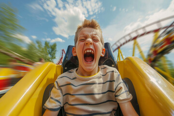 Young boy screaming with excitement on roller coaster ride at amusement park. Child gets an adrenaline rush on exciting ride