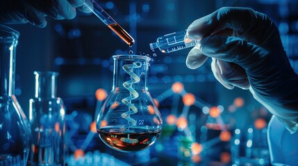 Science and medicine Scientists place the sample in a glass tube. Experiment with liquid chemicals in the laboratory at the digital DNA structure