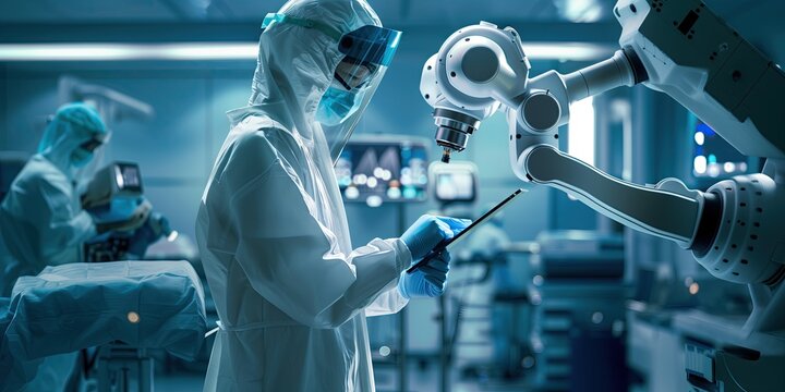 Medical technology, doctor use AI robots for diagnosis, care, and increasing accuracy patient treatment 
