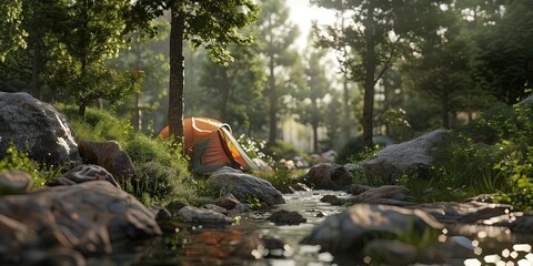 Picture of camping equipment, stream view