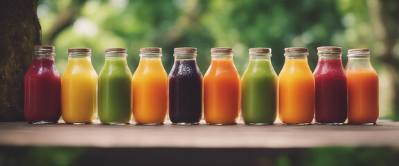Colorful fresh juices in glass bottles with a vibrant natural backdrop, promoting healthy lifestyle.