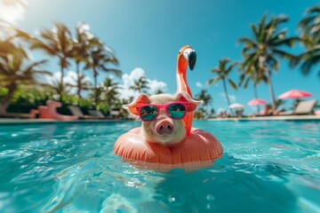 A happy pig in sunglasses relaxes in the pool in a flamingo-shaped swimming ring. Concept of tourism, holiday, vacation.