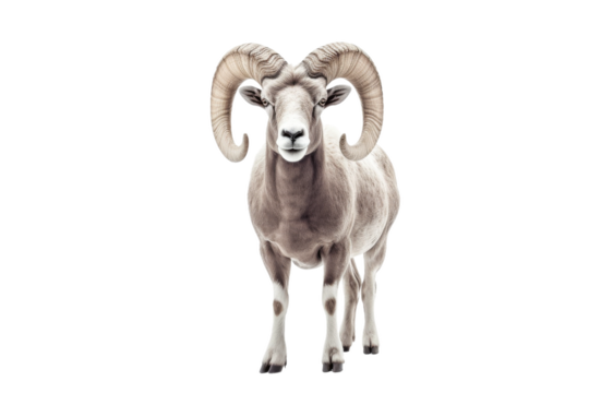 Majestic Ram Posing Against White Canvas. On a White or Clear Surface PNG Transparent Background.