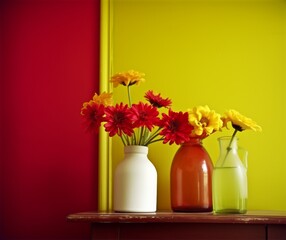 Colorful Fresh Flowers in Vases on Wooden Table Against Red and Yellow Background