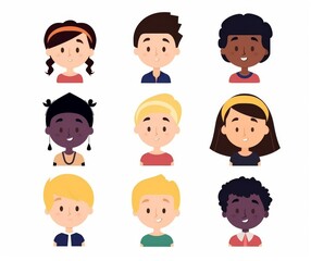 Diverse Group of Cartoon Children Faces for Educational Material.