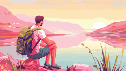 Young tourist with backpack sitting near pink lake Vector