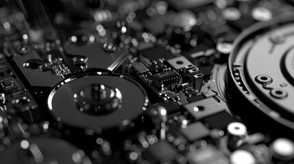 the inside of the hard drive is a close-up, black and white photo, the concept of recording and saving data