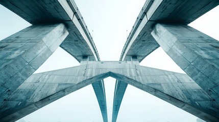 Abstract view of a modern overpass, showcasing the architectural symmetry and concrete structure against a pale sky. Concept of urban design, infrastructure, and modernity.