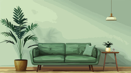 Green sofa and wooden stool with houseplant near li