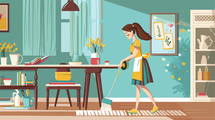 Young woman cleaning table in room Vector illustratio
