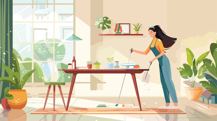 Young woman cleaning table in room Vector illustratio