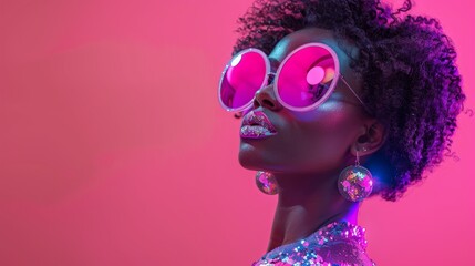 Elegant young woman wearing a sparkling sequined dress and oversized sunglasses. The pink background enhances her vibrant, fashion-forward appearance.