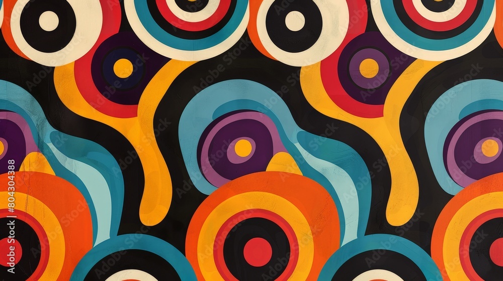 Poster A vibrant fabric featuring a variety of colorful circles in different sizes and patterns