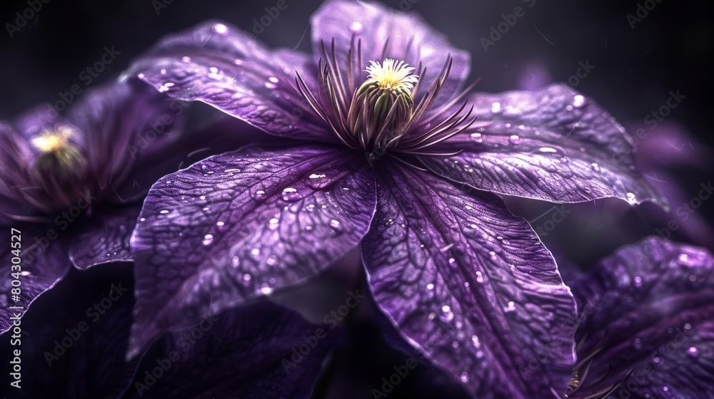 Wall mural Cluster of vibrant purple clematis flowers set against a dark background, showcasing their delicate petals and intricate details