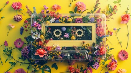 A vintage cassette tape adorned with sunflowers and daisies on a vibrant yellow background, evoking feelings of nostalgia and springtime.