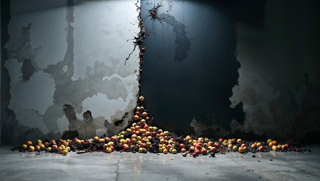 Discarded fruit thrown against a rough stone wall