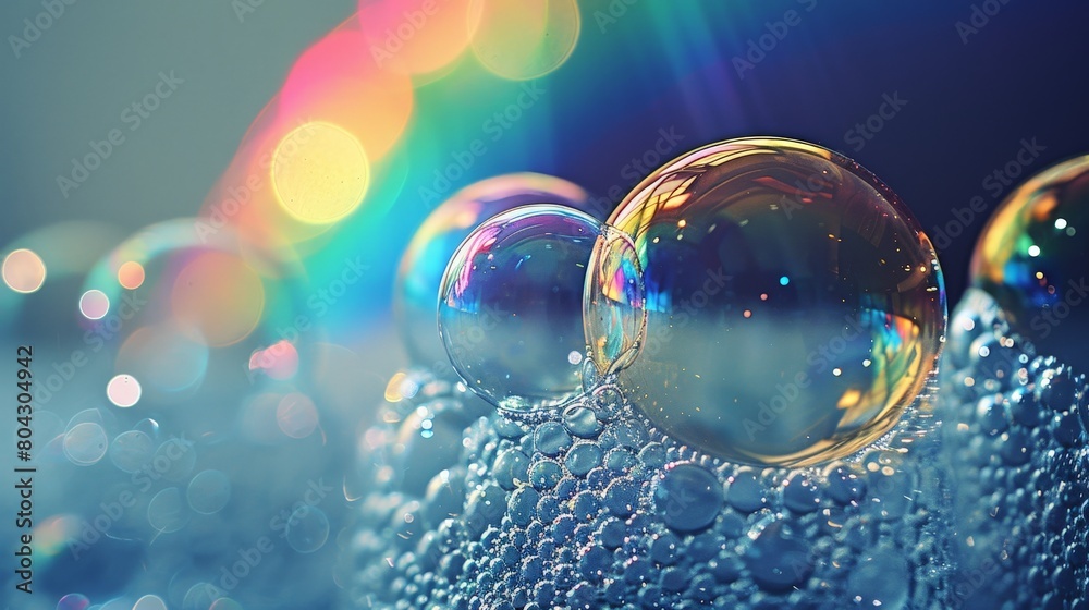 Poster soap bubbles floating with a colorful rainbow background, showcasing the vibrant colors and reflective surfaces