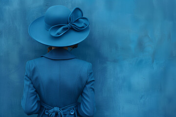 AI generated illustration of a woman wearing a blue hat, and blue coat standing facing a blue wall - Powered by Adobe