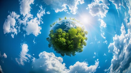 simple green tiny planet without buildings in blue sky with beautiful clouds. Transformation of...